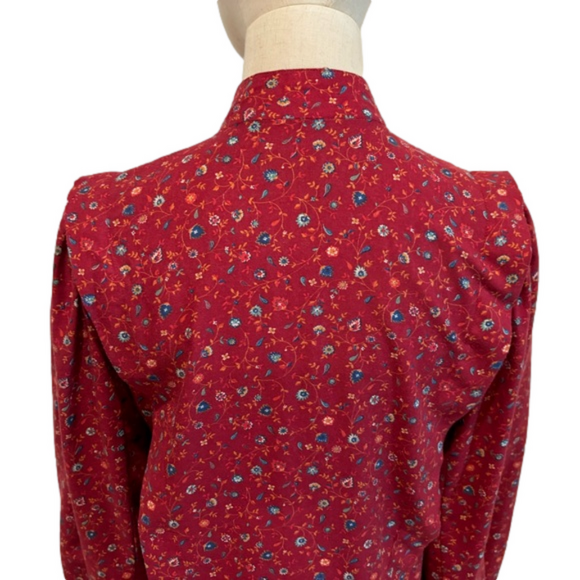 70s PRAIRIE RED FLORAL COTTAGECORE BLOUSE BISHOP SLEEVES & BOX PLEATS HANDMADE - Picture 10 of 11